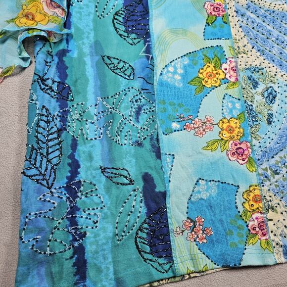 Ulla Popken Top Womens 20/22 Blue Art To Wear Beaded Patchwork Beachy Preppy - Picture 3 of 13